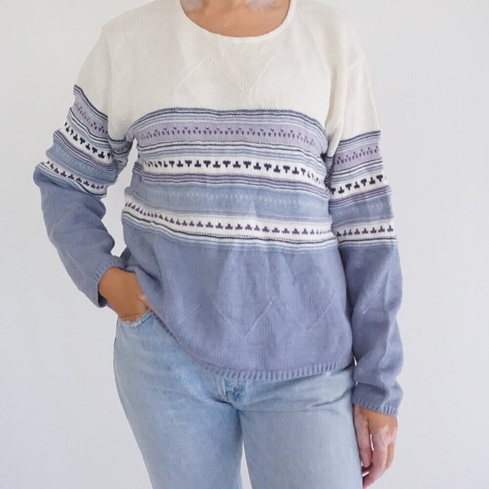 Vintage Eddie Bauer Cream Blue Fair Isle Stripe Cotton Knit Sweater Preppy M